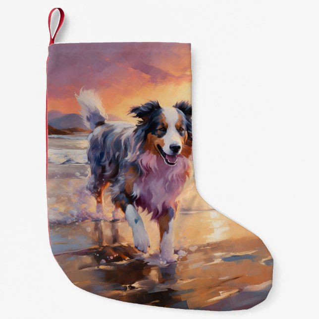 Petite Chaussette De Noël Sandy Australian Shepherd Dog on Beach Sunset (Devant)