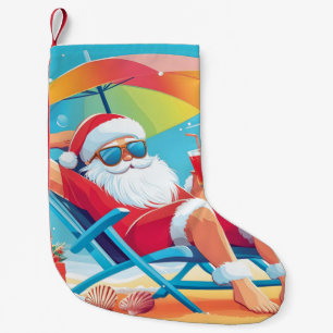 Petite Chaussette De Noël Santa Claus Se détendre sur une plage tropicale