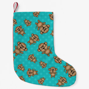 Petite Chaussette De Noël Singe nerd pois turquoise