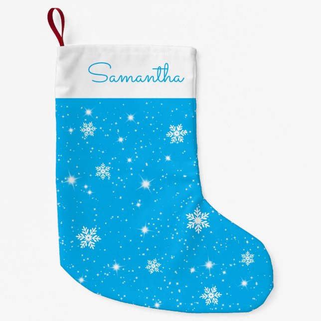Petite Chaussette De Noël Sky Blue White Snowflakes Étoiles Motif avec nom (Devant)