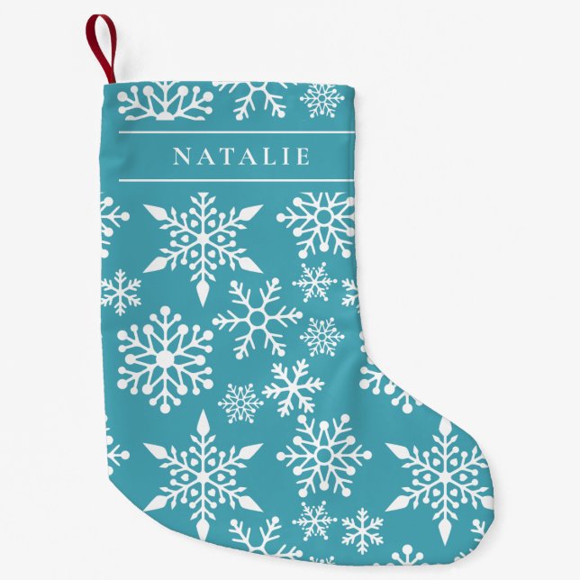 Petite Chaussette De Noël Snowflakes blanc sur Turquoise avec nom (Devant)