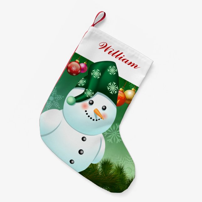 Petite Chaussette De Noël Snowman de Noël avec Casquette vert (Devant (Accrochage))