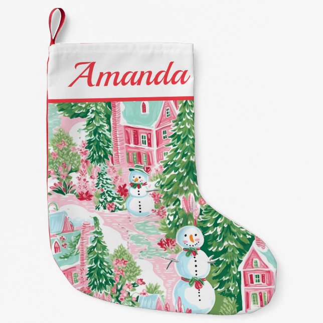 Petite Chaussette De Noël Snowmen rose et vert (Devant)