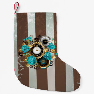 Petite Chaussette De Noël Steampunk Clock and Turquoise Roses on Striped