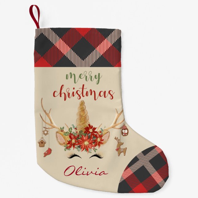 Petite Chaussette De Noël Tête Unicorne de bois avec Antlers (Devant)