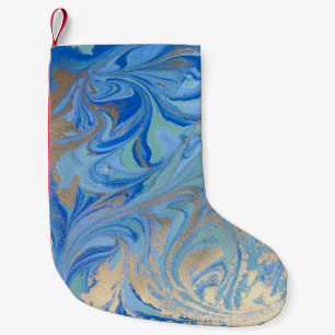 Petite Chaussette De Noël Texture d'aquarelle liquide en or bleu