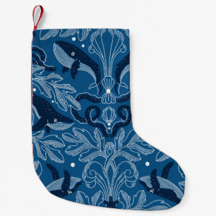 Petite Chaussette De Noël Texture de damas nautiques avec baleines, vintag m