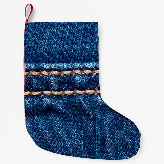 Petite Chaussette De Noël Texture de denim bleu avec couture, Jeans (Devant)