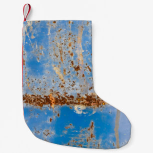 Petite Chaussette De Noël Texture métallique rouillée, décoration rayée bleu