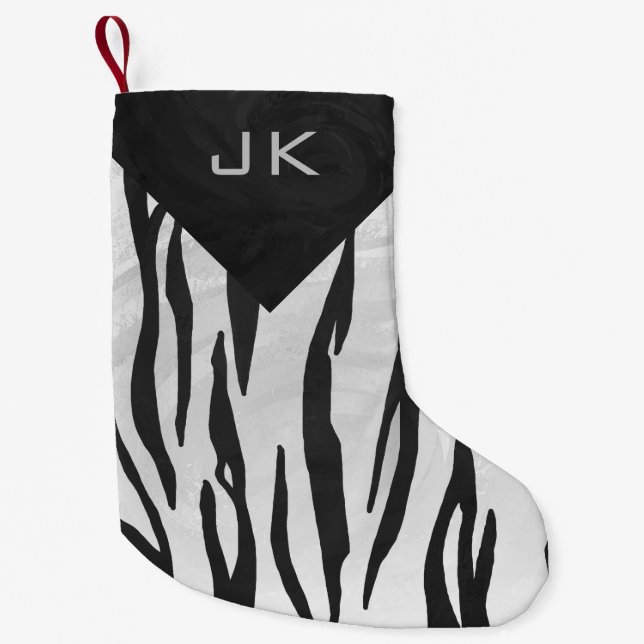 Petite Chaussette De Noël Tigre Monogramme noir et blanc (Devant)