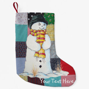 Petite Chaussette De Noël tissu patchwork avec joli bonhomme de neige art No