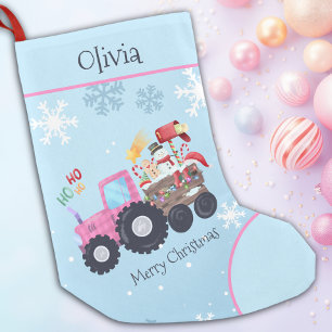 Petite Chaussette De Noël Tracteur rose Joyeux Nom de Noël