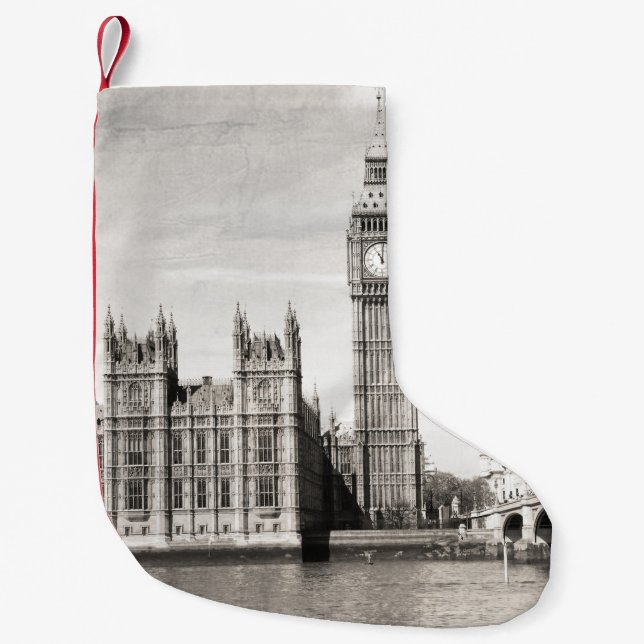Petite Chaussette De Noël Vieux Londres, noir et blanc. (Devant)