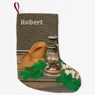 Petite Chaussette De Noël Western Cowboy Casquette Lanterne Faux Bois Cuir I