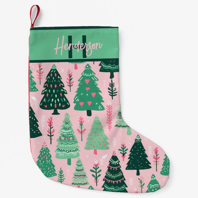 Petite Chaussette De Noël Whimsical Pink & Green Christmas Tree Pattern Name (Devant)