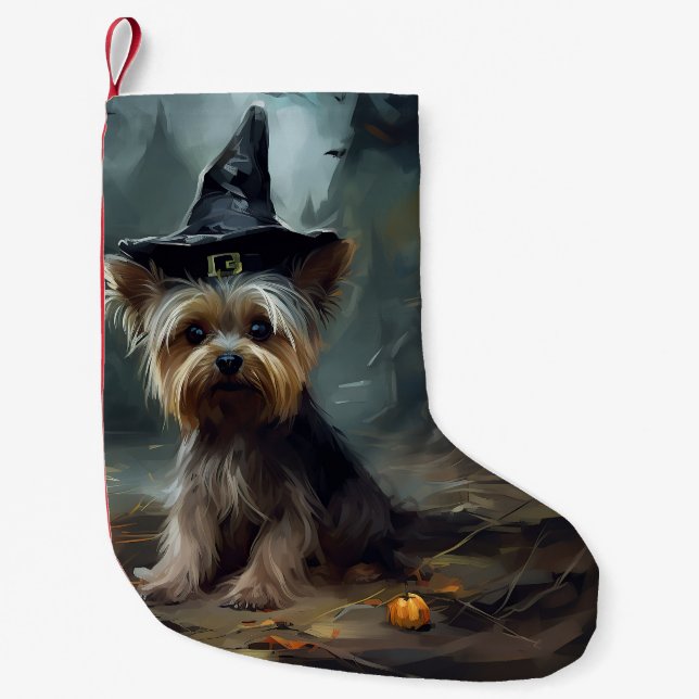 Petite Chaussette De Noël Yorkshire Terrier Citrouilles Halloween effrayant (Devant)