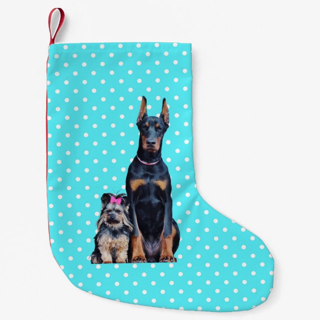 Petite Chaussette De Noël Yorkshire Terrier Doberman Pois bleus (Devant)