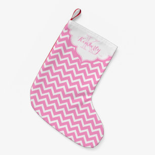 Petite Chaussette De Noël Zigzag rose et blanc monogramme Chevron