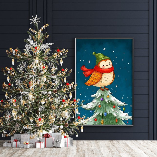 Petite Chouette Sur Une Affiche D'Arbre De Noël (Cute Christmas owl illustration wall art poster)