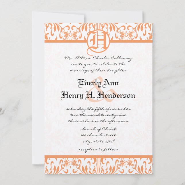 Petite Coral Damask Gray Schriftart Wedding Einlad Einladung (Vorderseite)
