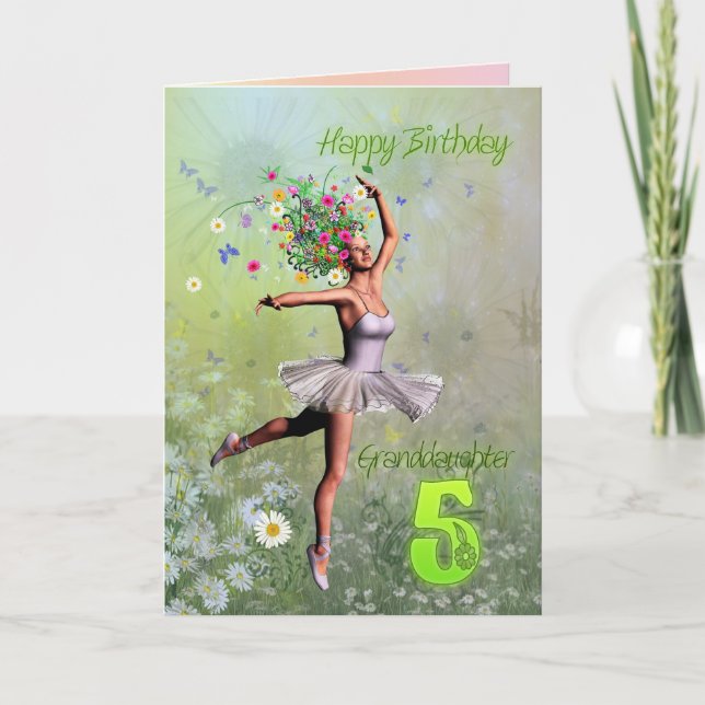 Petite fille 5 ans, fleur carte d'anniversaire fée (Devant)