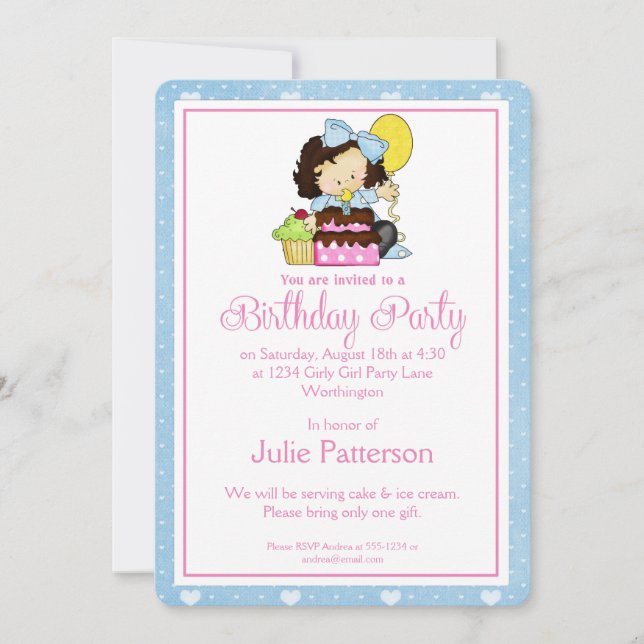 Petite Fille Anniversaire Invitation Fête Bleu 1 (Devant)