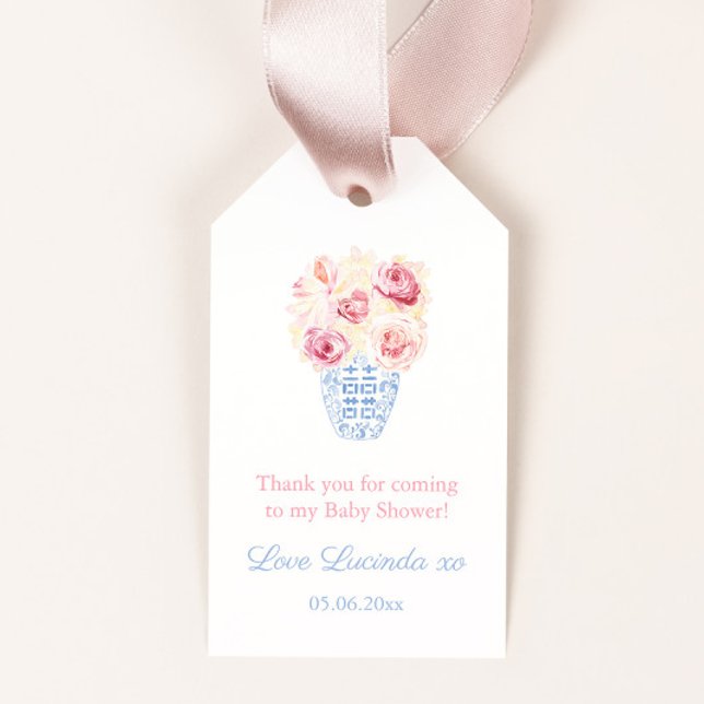 Petite Fille aux Roses Roses Étiquette de Faveur d (Pink and blue baby shower for little girl favor tags with ginger jar and pink garden roses)