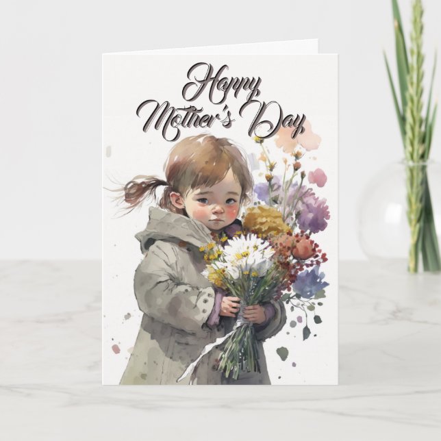 Petite Fille Avec Bouquet Fleur, Carte Fête Mère (Devant)