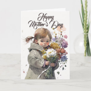 Petite Fille Avec Bouquet Fleur, Carte Fête Mère