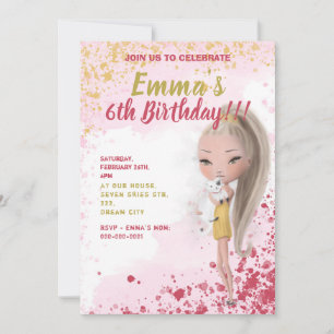 Petite fille avec un chat aquarelle invitation enf