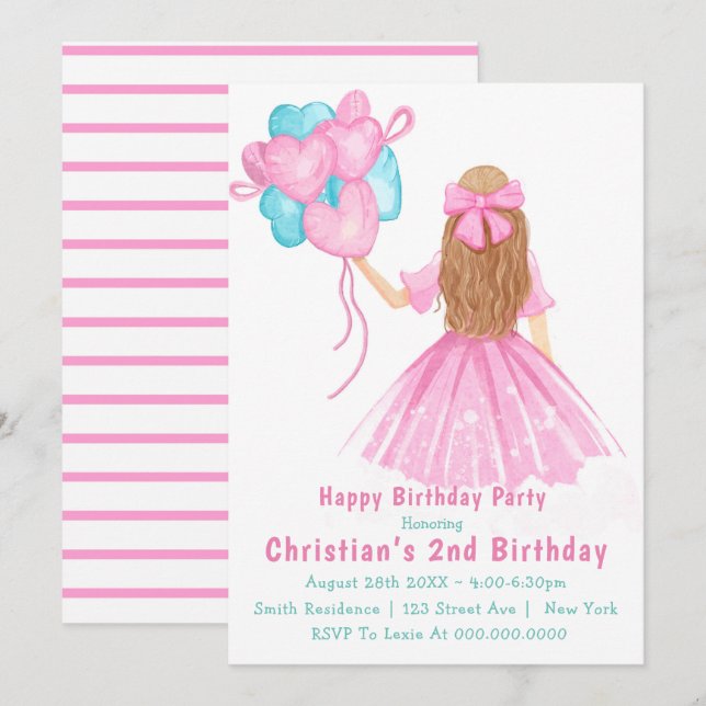 Petite fille Ballons 2e anniversaire Invitations (Devant / Derrière)