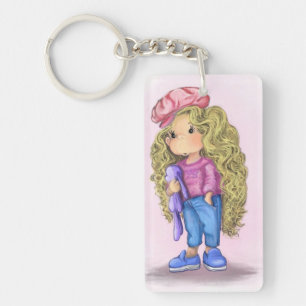 Petite fille blonde avec Porte - clé de lapin joue