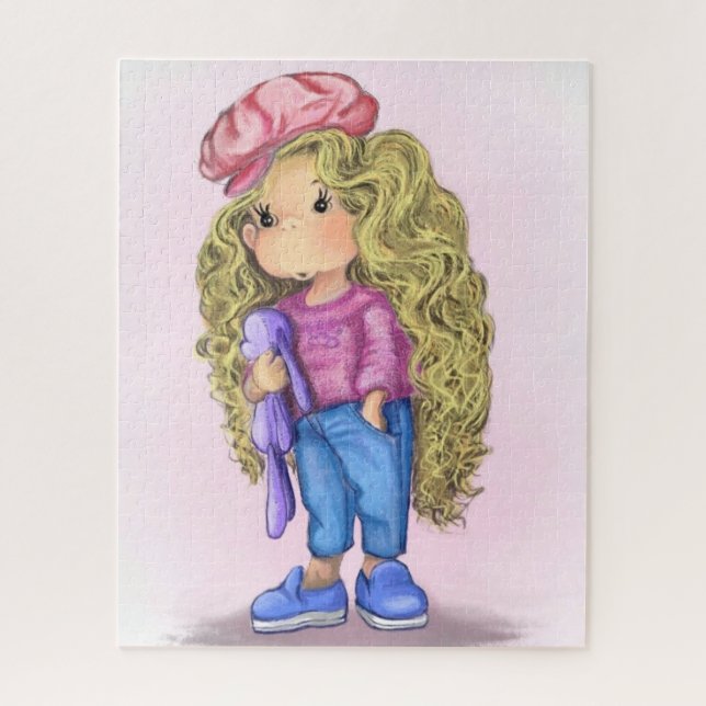Petite fille blonde avec Puzzle de jouet lapin (Vertical)