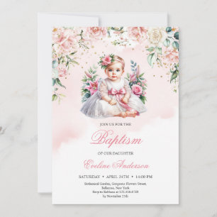 Petite fille blush rose floral invitation Baptême