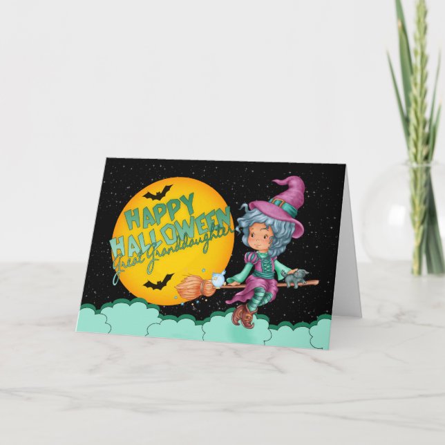 petite-fille carte halloween avec jolie sorcière (Devant)