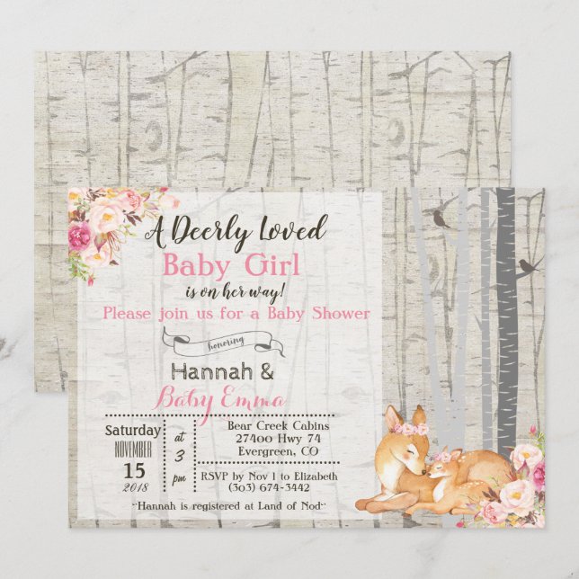 Petite fille cerf Invitation Baby shower floral (Devant / Derrière)