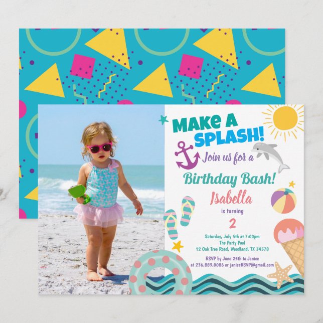 Petite fille de la piscine invitation photo (Devant / Derrière)