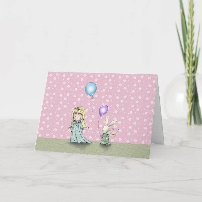 Petite fille et lapin avec ballons Carte d'anniver (Devant)