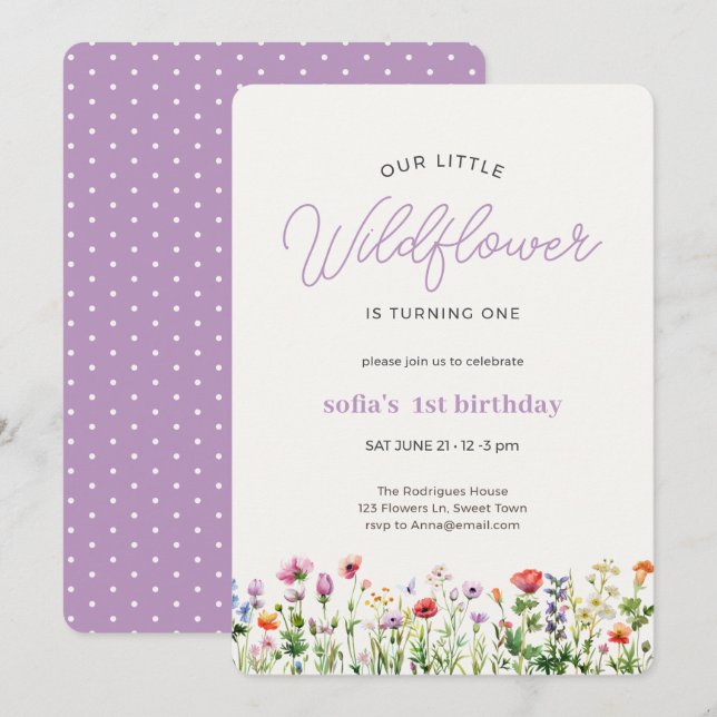 Petite fille Fleur sauvage 1ère invitation anniver (Devant / Derrière)
