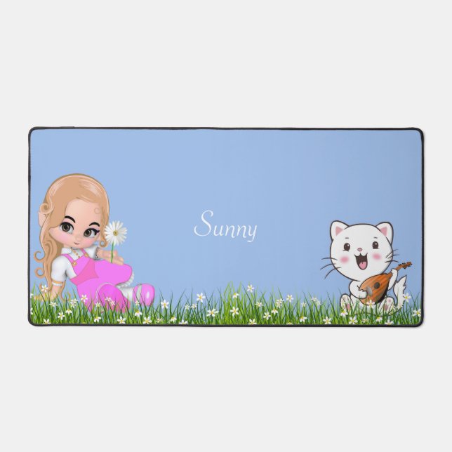Petite fille mignonne et chat avec fleurs (Recto)