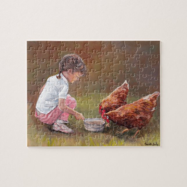 Petite fille nourrir poulets Puzzle d'art original (Horizontal)