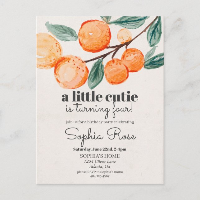 Petite fille orange mignonne invitation d'annivers (Devant)