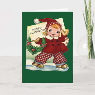 Petite fille patinant - carte de Noël vintage