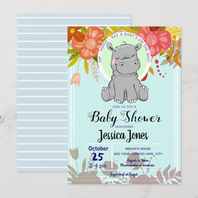 Petite Hippo Floral Baby Shower Invitations (Devant / Derrière)