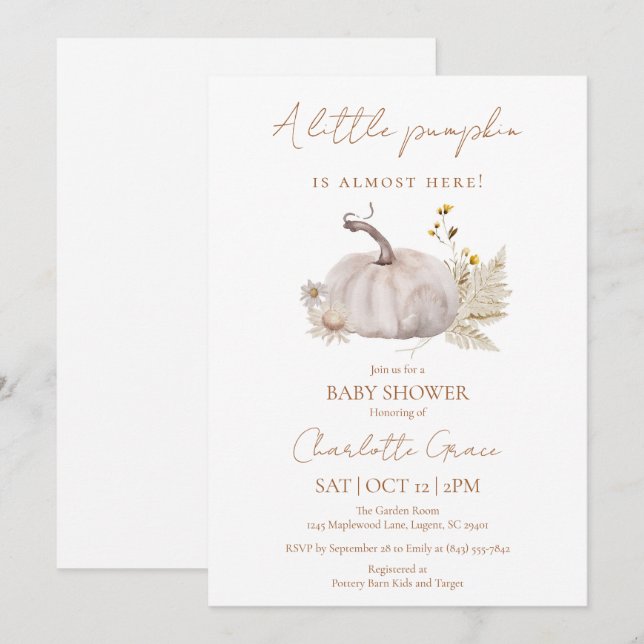 Petite invitation Baby shower Citrouille (Devant / Derrière)