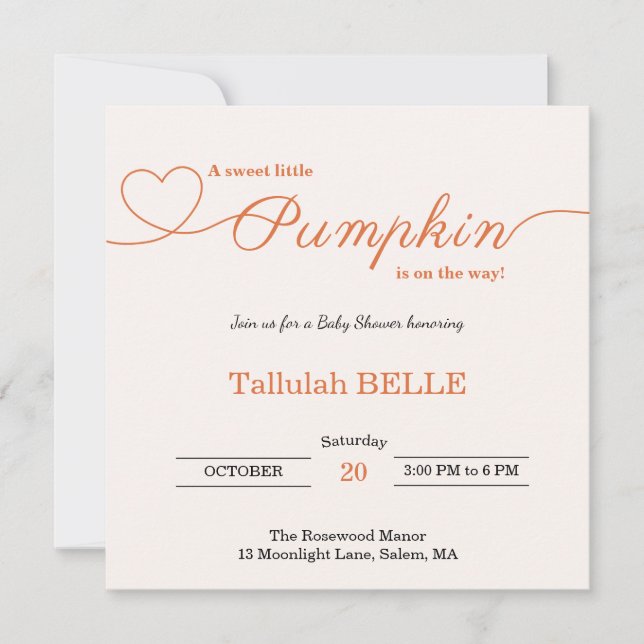 Petite invitation Baby shower Citrouille - Bow ros (Devant)