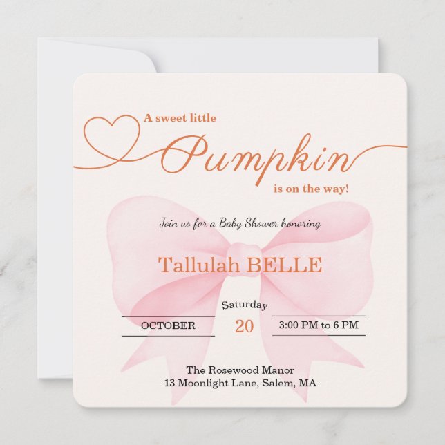 Petite invitation Baby shower Citrouille - Bow ros (Devant)