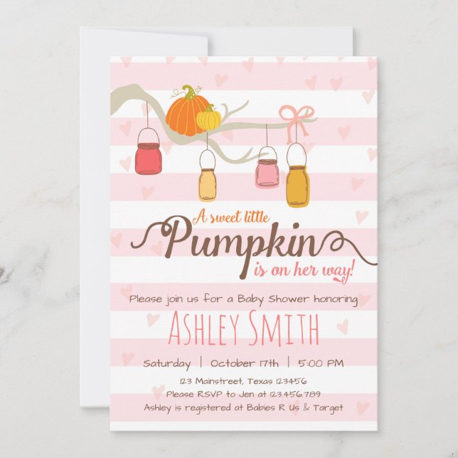 Petite invitation Baby shower Citrouille Mason Jar (Devant)