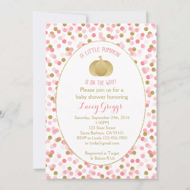 Petite Invitation Baby shower Citrouille - Or rose (Devant)