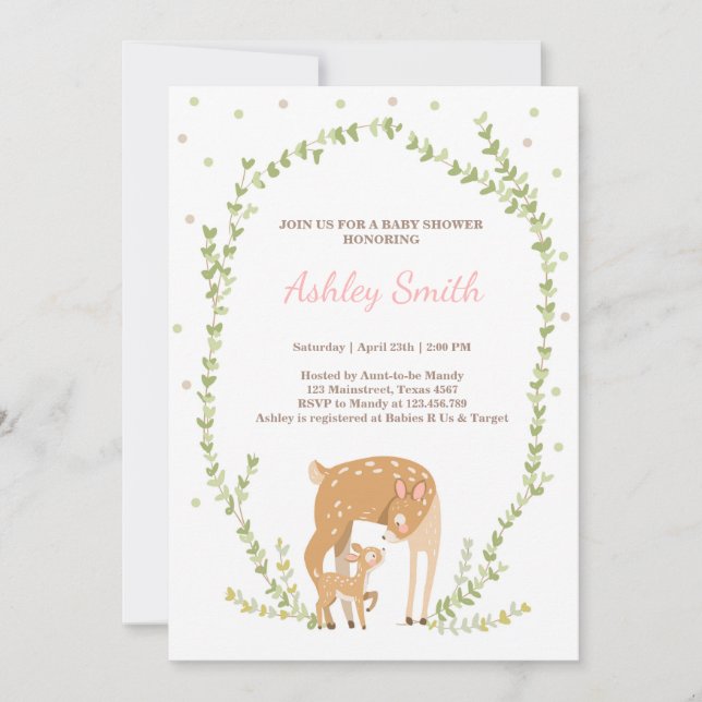 Petite invitation baby shower de cerfs Forêt de bo (Devant)